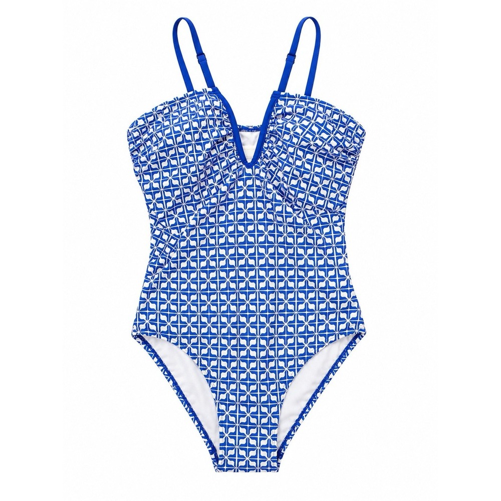 Shade & Shore One Piece Swimsuit Womens M Blue White Geometric NWT V Neck